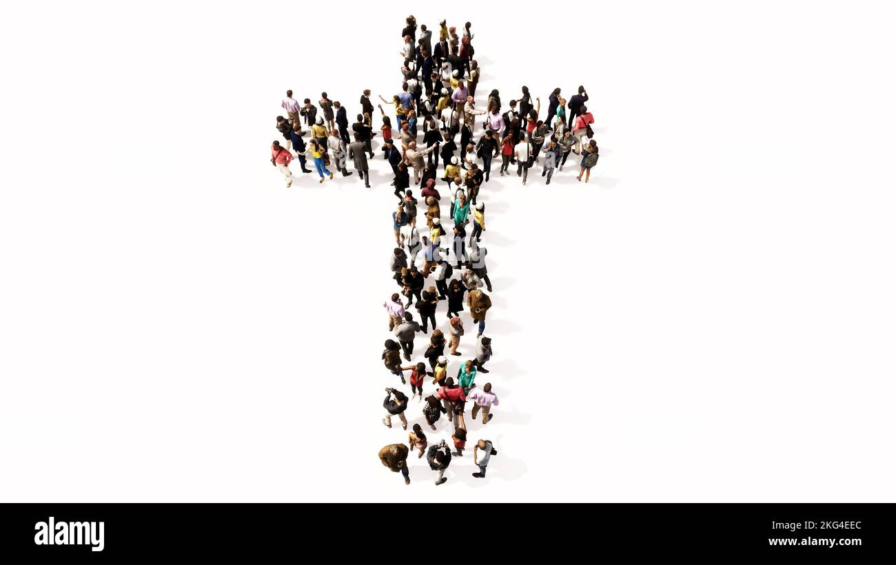 Concept conceptual large community  of people forming the image of a religious christian cross. A 3d illustration metaphor for God, Christ, religion Stock Photo