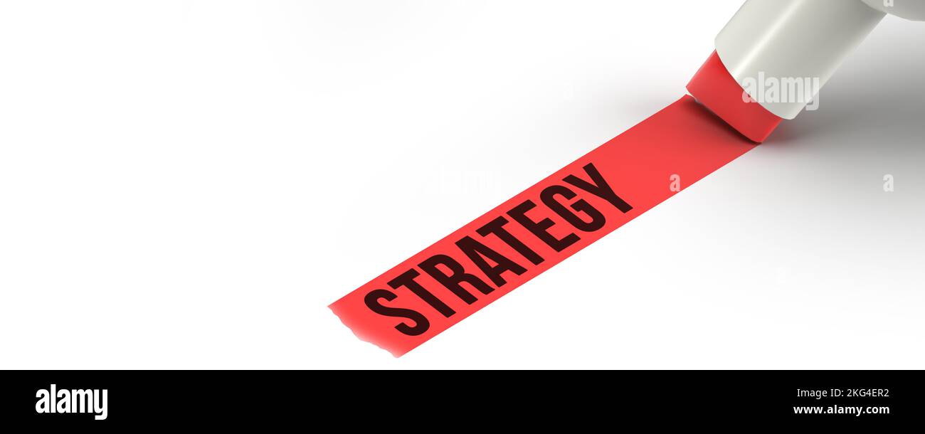Strategy text highlighted underline. Red ink marker pen or drawing highlighter pencil. Stylish graphic art design on white background, copy space. 3D Stock Photo