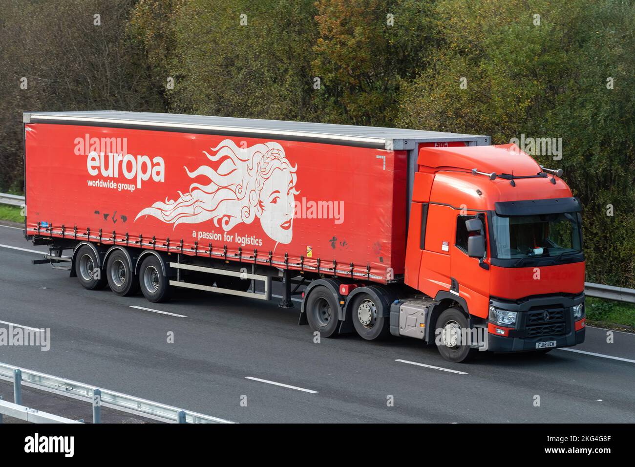 Europa worldwide group HGV lorry travelling on the M3 motorway, England, UK Stock Photo