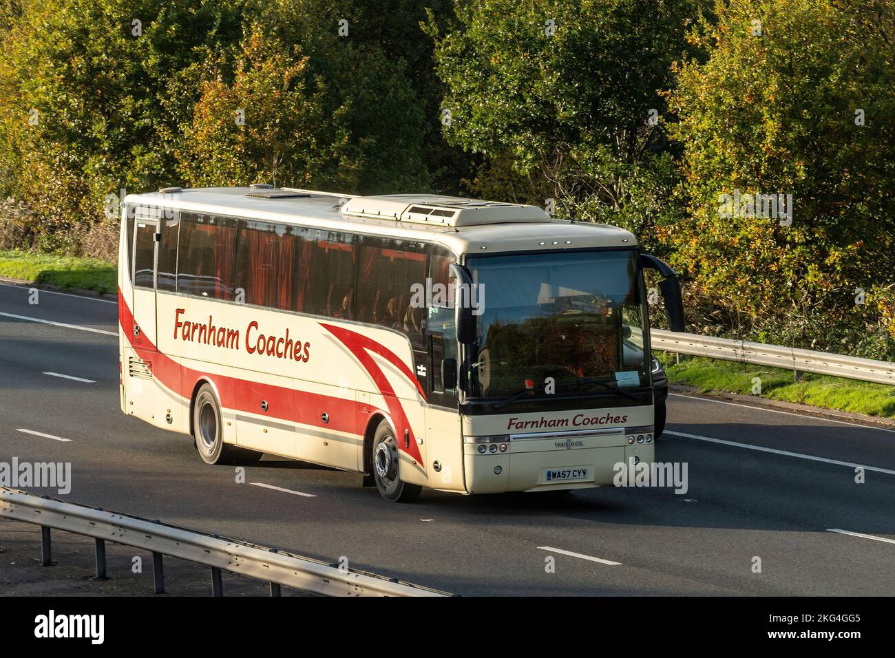 Farnham Coaches coach travelling on the M3 towards London, England, UK Stock Photo