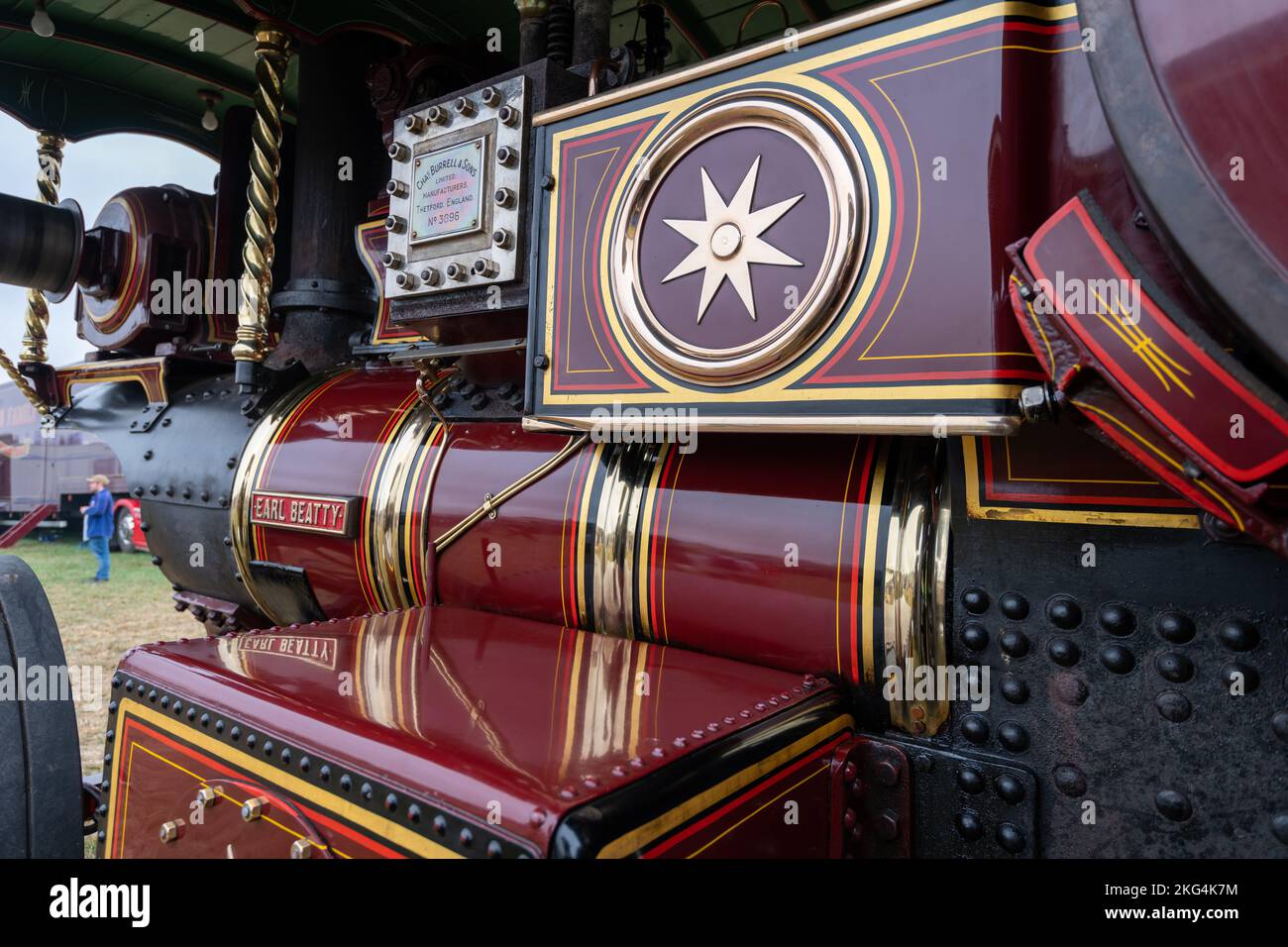 Tarrant Hinton.Dorset.United Kingdom.August 25th 2022.A 1921 Burrell showmans road locomtive called Earl Beatty is on display at the Great Dorset Stea Stock Photo