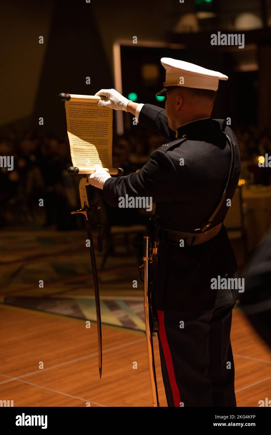 U.S. Marine 1st Lt. Eugene J. Nash IV reads Gen. John A. Lejeune’s