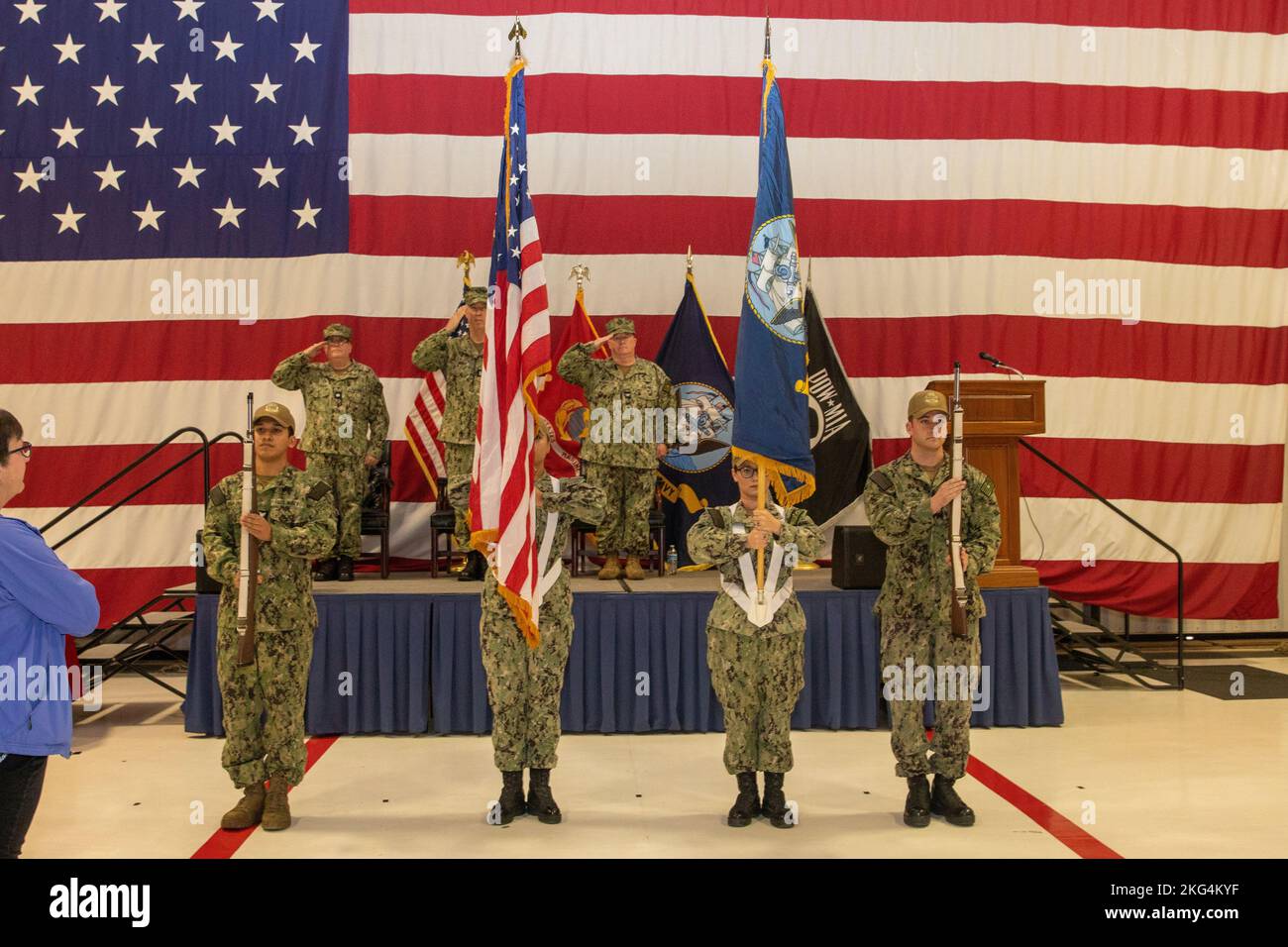 281022-N-VG565-1010        VIRGINIA BEACH, Va. (October 28, 2022) Sailors present colors at the retirement ceremony of Capt. Bret Washburn, left, Naval Air Force Atlantic (AIRLANT), force maintenance officer, at the Center for Naval Aviation Technical Training Unit CNATTU, October 28, 2022. Stock Photo