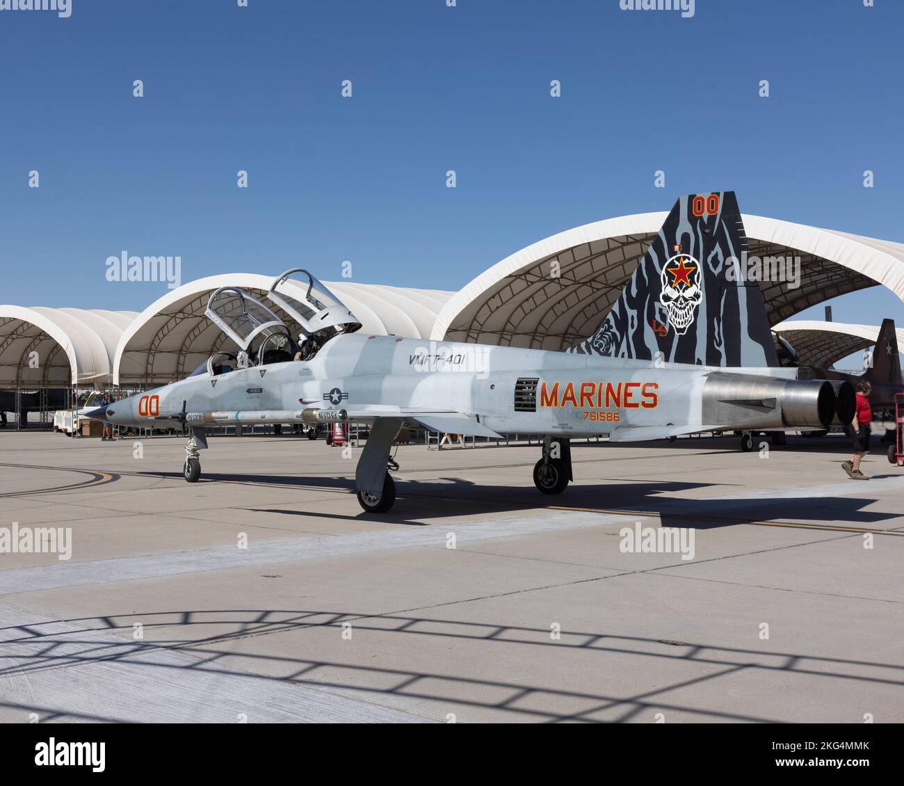 U.S. Marine Corps Lt. Col. Eric Scherrer, commanding officer, Marine Fighter Training Squadron 401 (VMFT-401), Marine Aircraft Group 41, 4th Marine Aircraft Wing, pilots an F-5N Tiger II at Marine Corps Air Station Yuma, Arizona, Oct. 28, 2022. VMFT-401 is the only adversary squadron with the mission to act as the opposing force in simulated air combat. Stock Photo