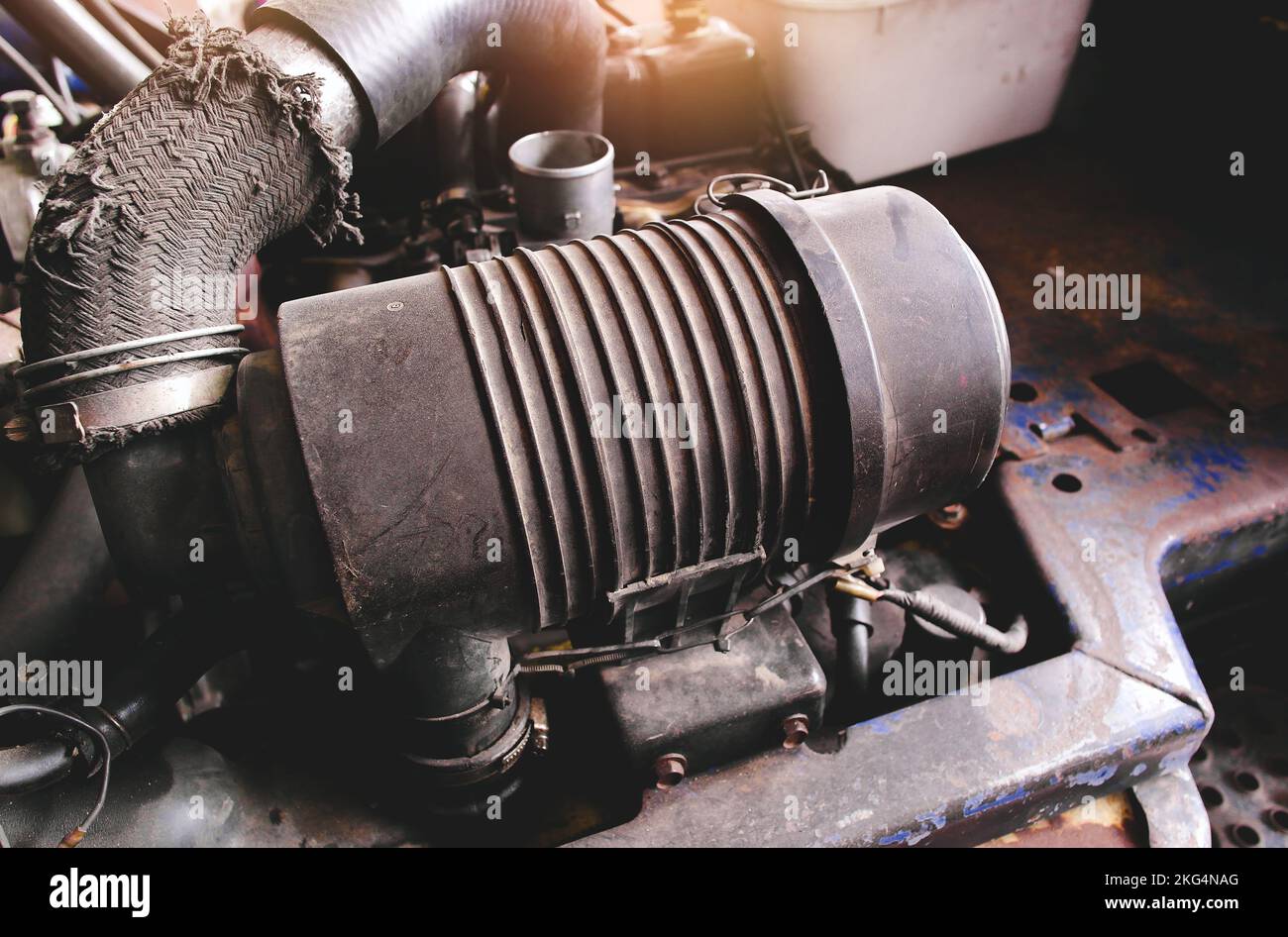 Air filter box of the forklift engine in a engine compartment Stock