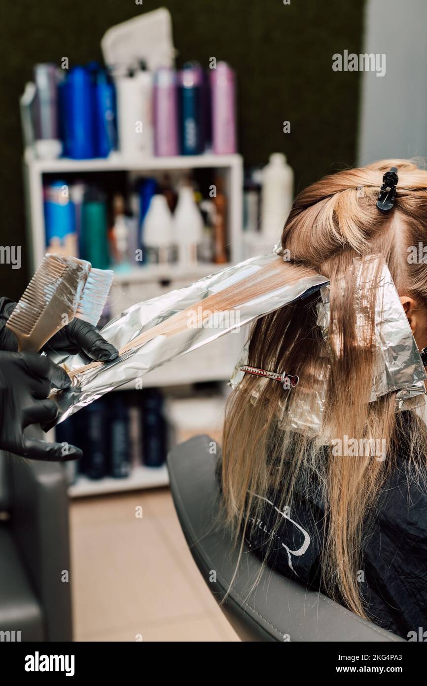 A professional hairdresser applies dye to a client's hair. Hair coloring Stock Photo