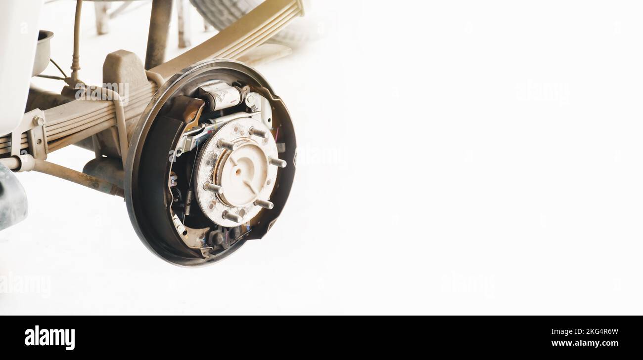 Inside system of the car drum brake, car without a wheel for brake inspection in the auto repair