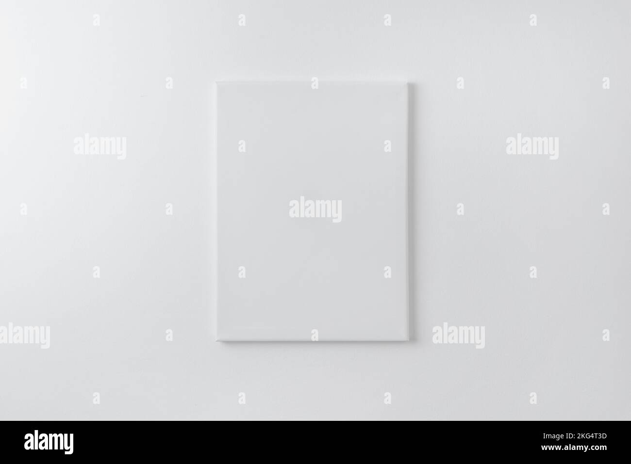 Blank vertical art canvas on wall. Clean surface for mockup, art presentation. Soft light on white wall Stock Photo