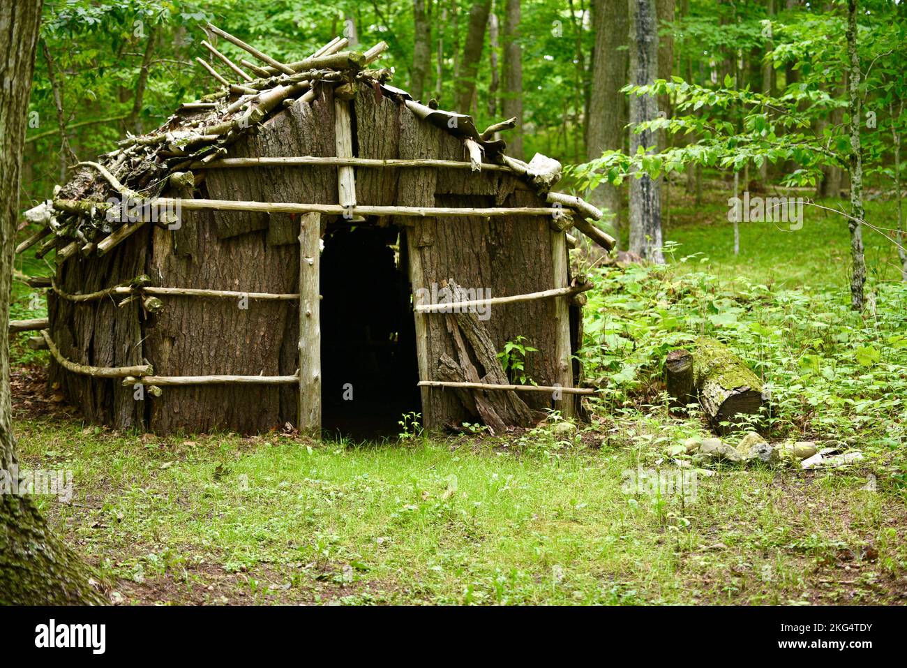 Reconstructed prehistoric home and farm for Oneota, Wisconsin's first farmers, Whitefish Dunes State Park, Door County, Sturgeon Bay, WI, USA Stock Photo