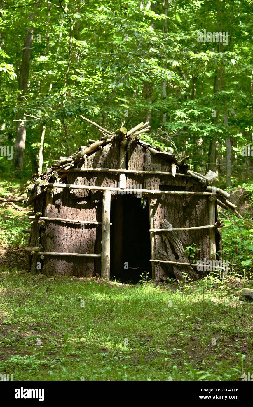 Reconstructed prehistoric home and farm for Oneota, Wisconsin's first farmers, Whitefish Dunes State Park, Door County, Sturgeon Bay, WI, USA Stock Photo