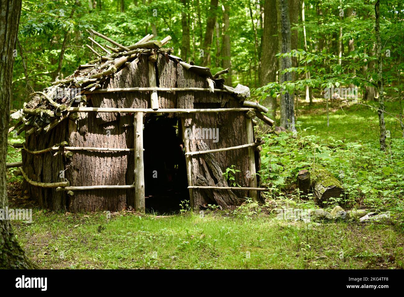 Reconstructed prehistoric home and farm for Oneota, Wisconsin's first farmers, Whitefish Dunes State Park, Door County, Sturgeon Bay, WI, USA Stock Photo