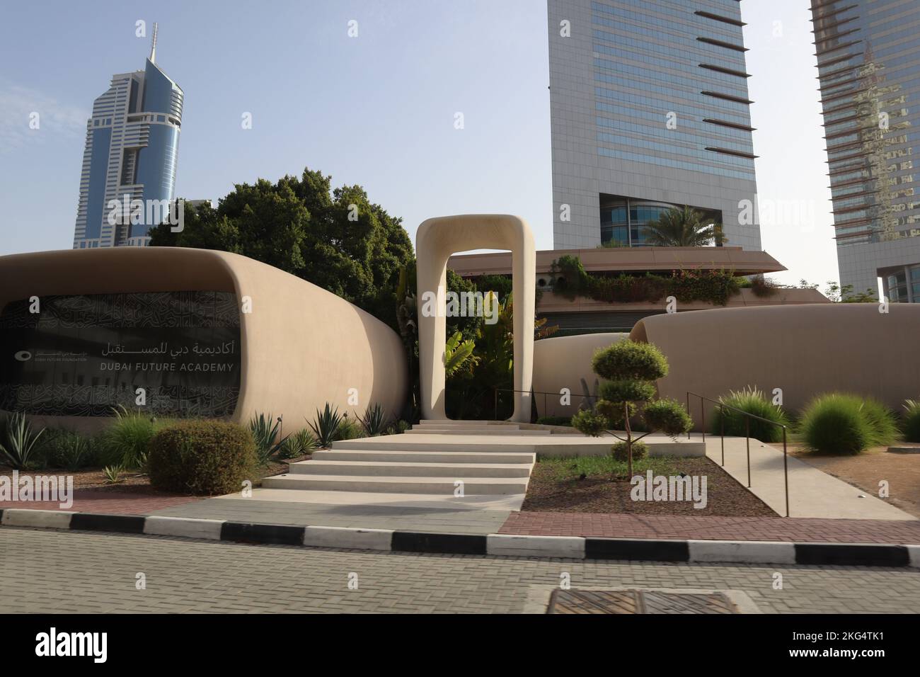 3d Printed buildings in front of Emirates towers, Dubai, UAE Stock
