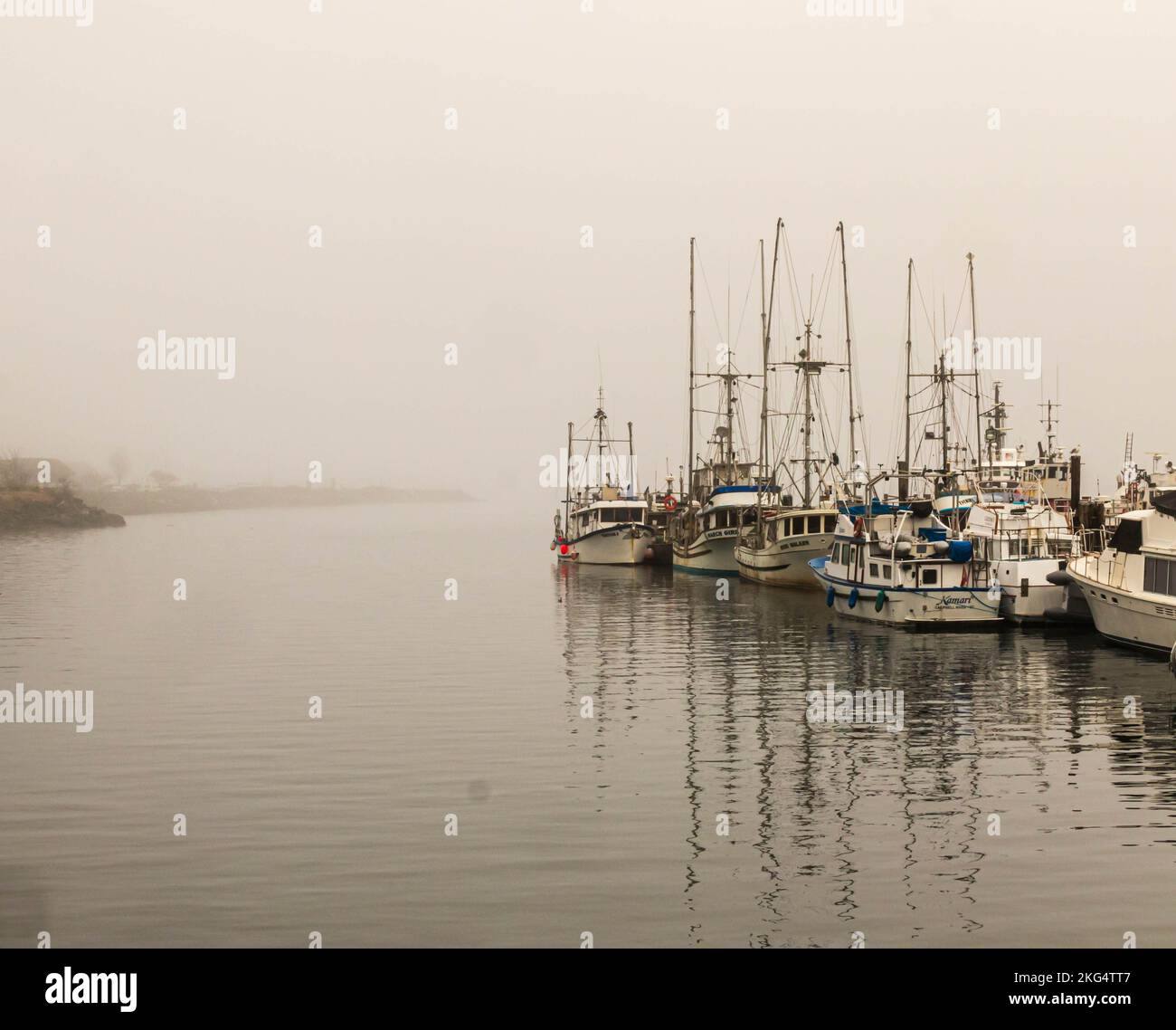 Foggy, moody waterfront  scene with fish boats at dock and breakwater fading into the distance.  Room for words.  Grey sky, grey water. Stock Photo