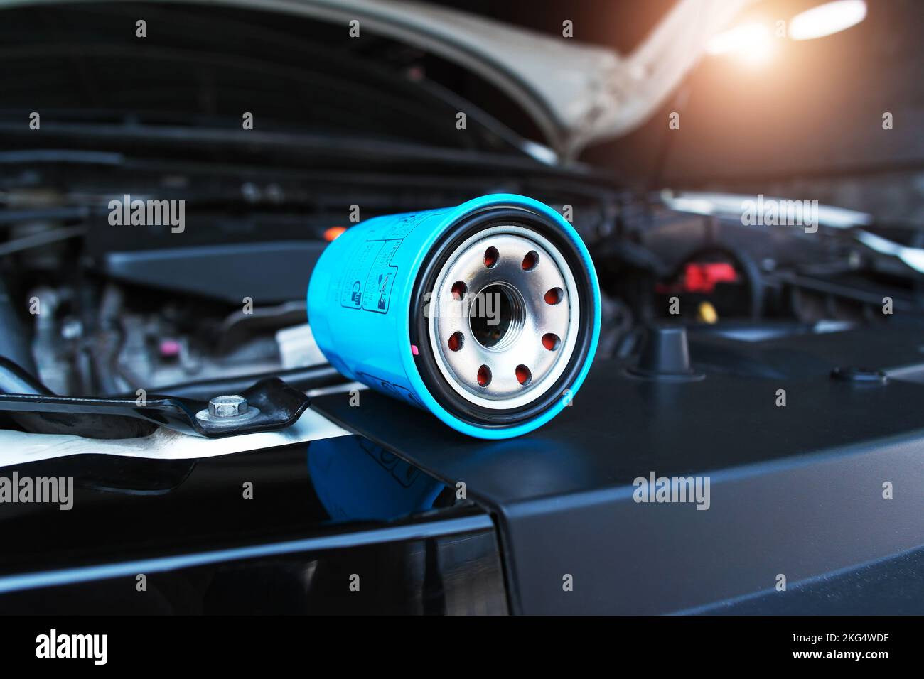 Automotive motor oil filter in the engine compartment, auto maintenance