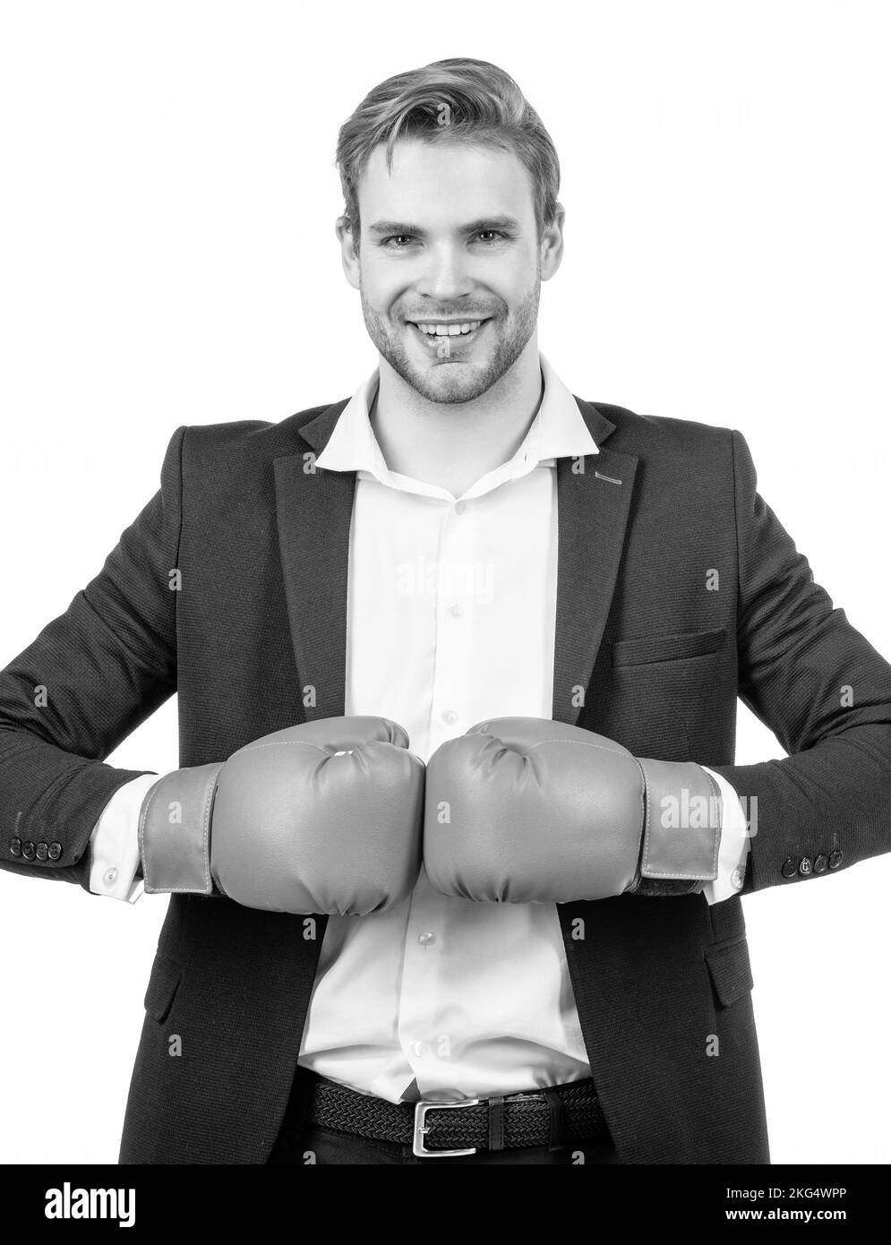 Keep fighting the good fight. Happy businessman hold boxing gloves