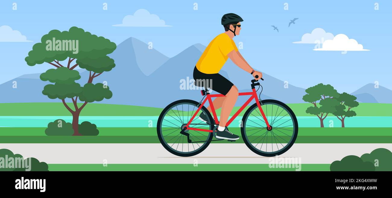 Fit man riding a bicycle and exploring nature outdoors, healthy lifestyle concept Stock Vector