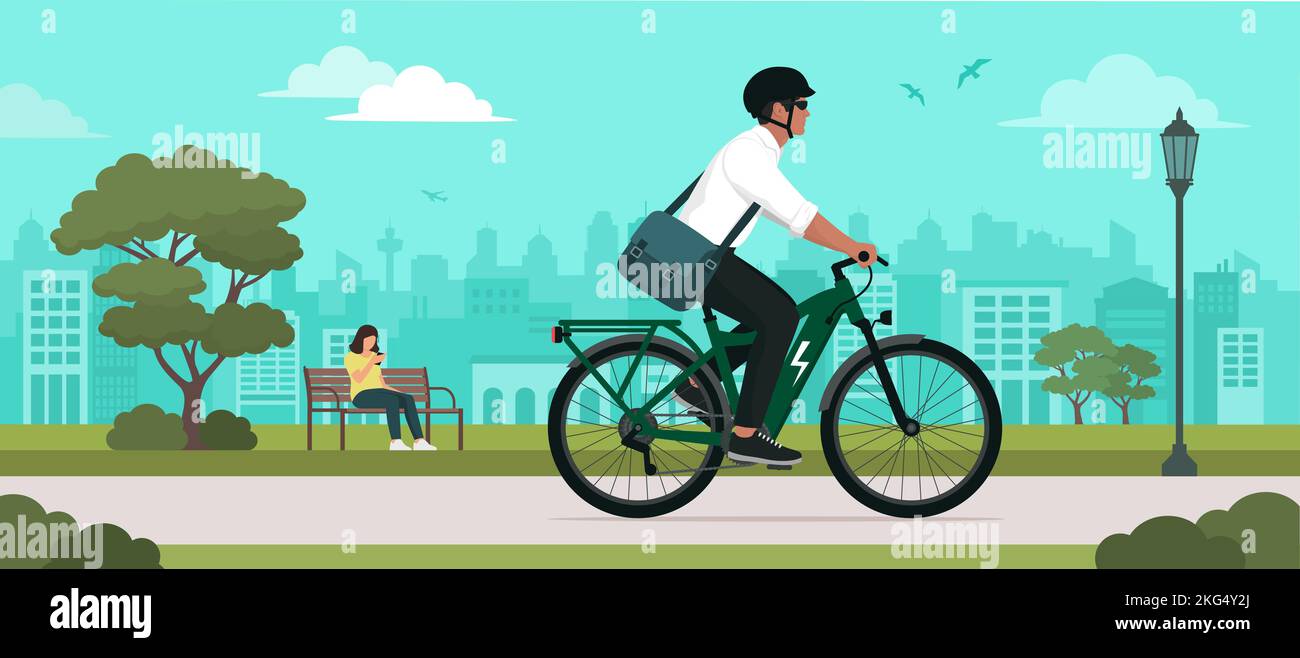 Man riding an eco-friendly electric bike in the city street, sustainable mobility concept Stock Vector