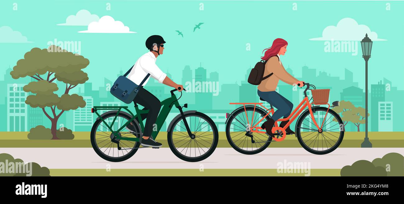 Couple riding bicycles at the city park, sport and leisure concept Stock Vector