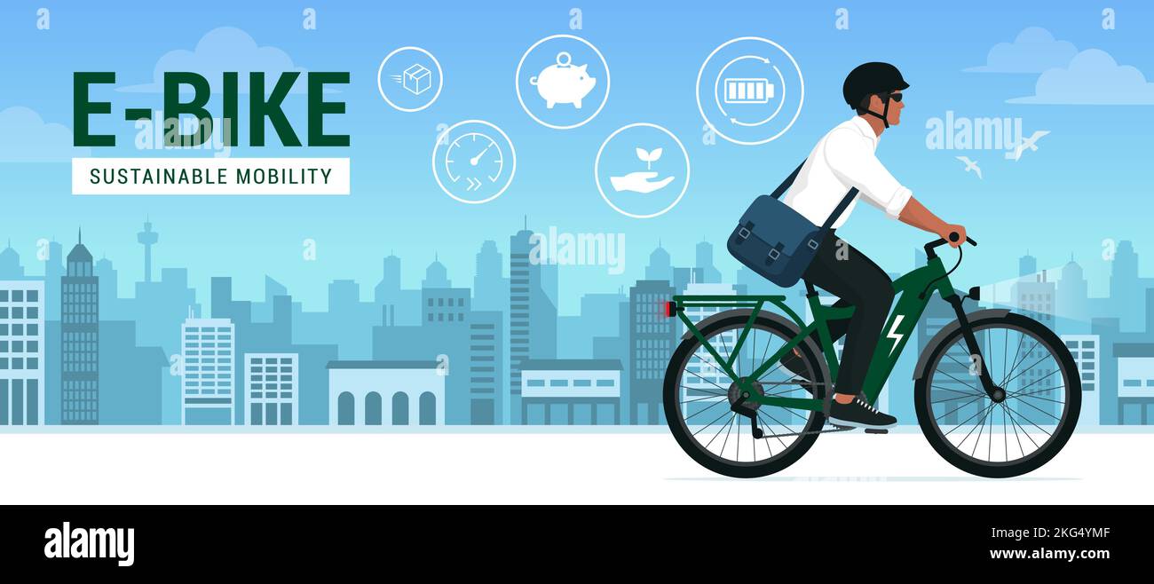 Man riding an eco-friendly electric bike in the city street, sustainable mobility concept Stock Vector