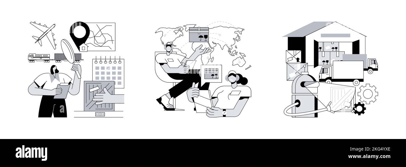 Goods transportation and storage abstract concept vector illustration set. Supply chain