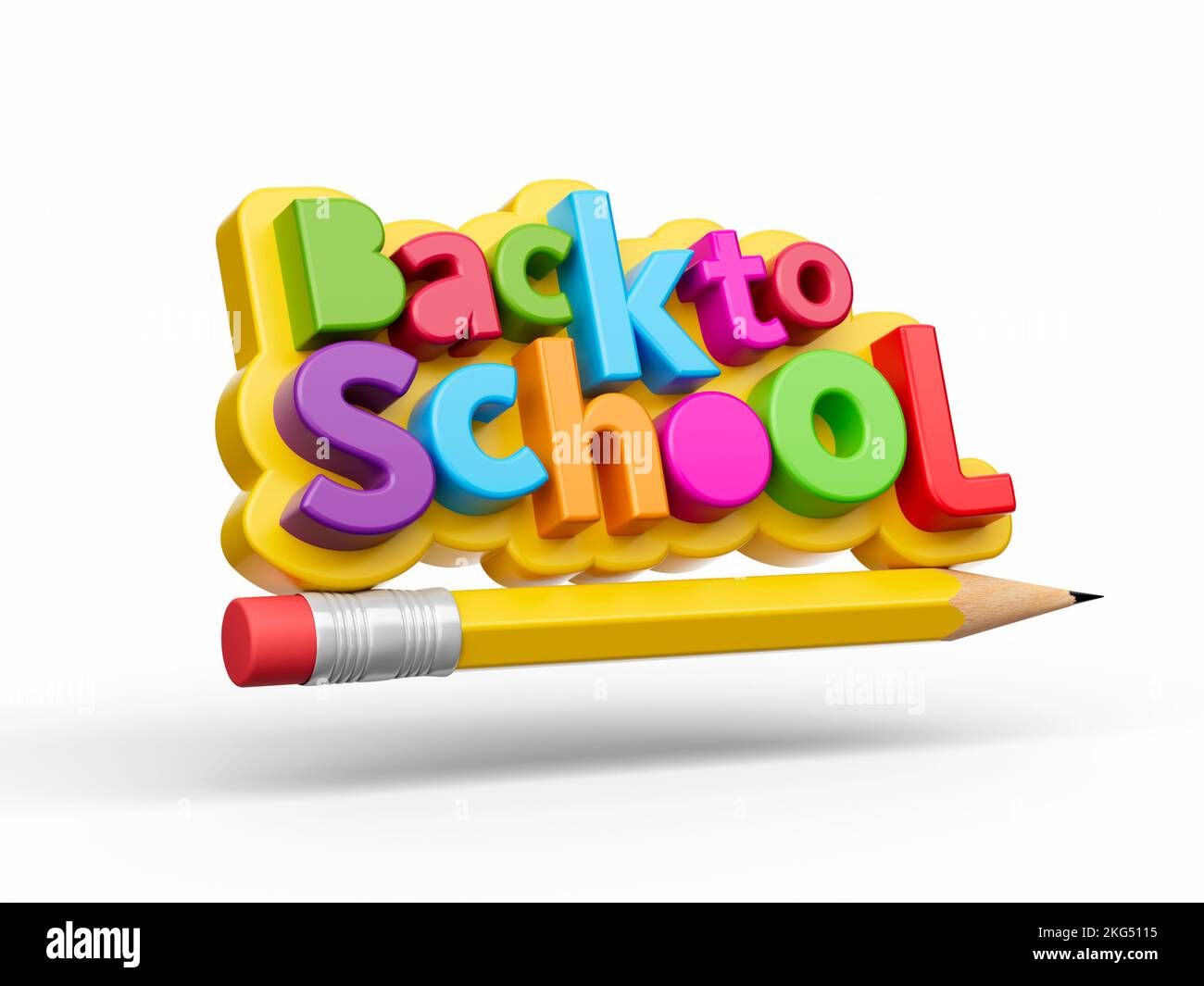 A 3D rendering of a 'Back to school' banner on a pencil floating in a white empty space Stock Photo