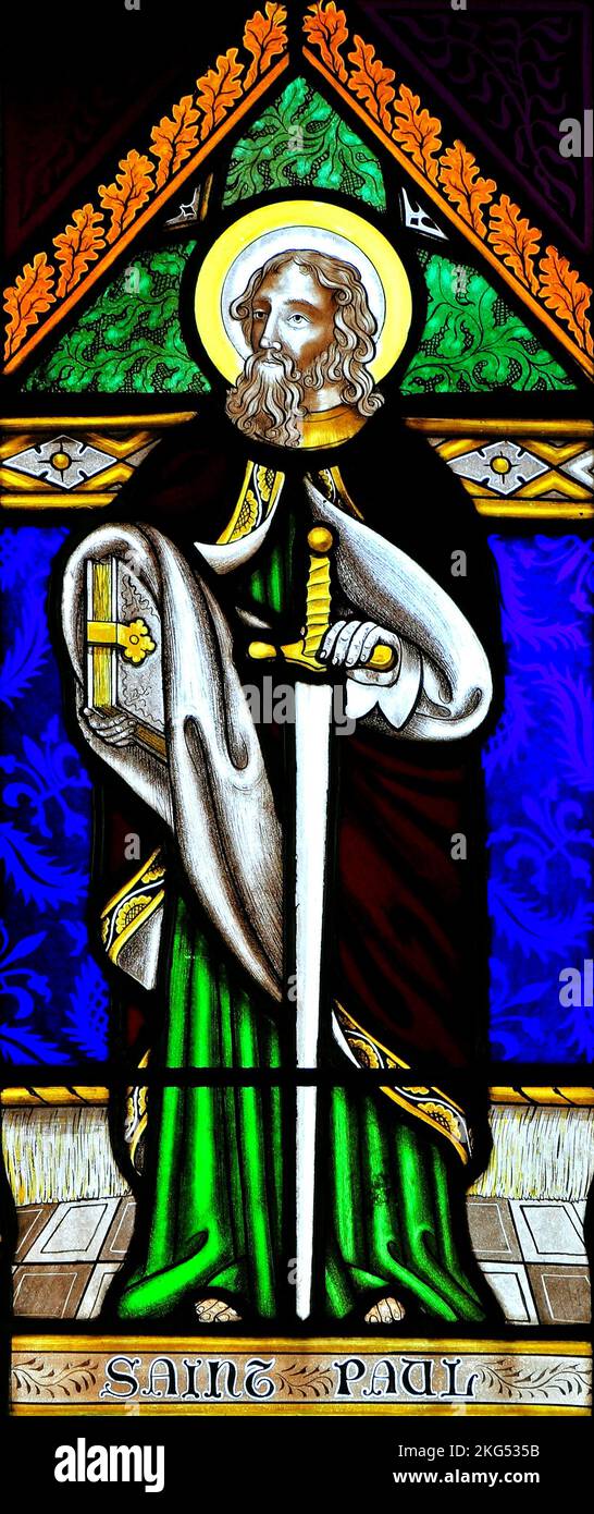 St. Paul, stained glass window, by Joseph Grant of Costessey, 1856, Wighton, Norfolk, England Stock Photo