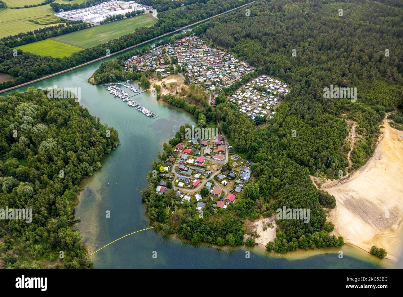 Aerial view, leisure park Flaesheim camping site with marina Flaesheim at dredge hole Flaesheim, Flaesheim, Haltern am See, Ruhr area, North Rhine-Wes Stock Photo
