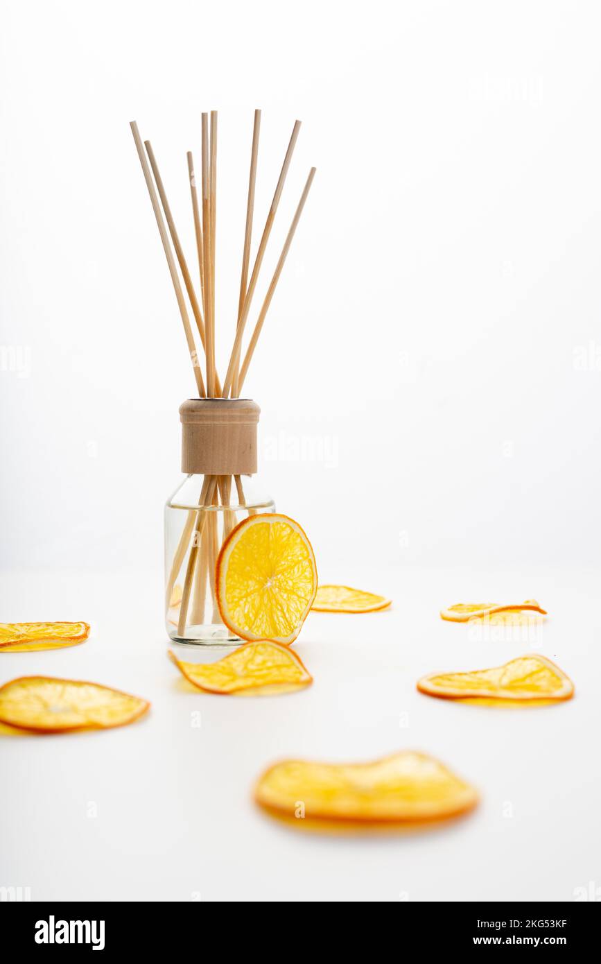 Incense sticks with citrus for the smell in the room. Stock Photo