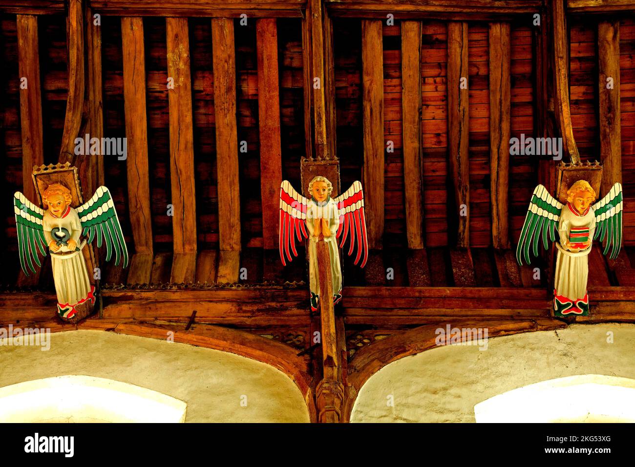 South Creake, 15th century hammerbeam roof, medieval, angel carvings, hammer beam, detail, Norfolk, England, UK Stock Photo