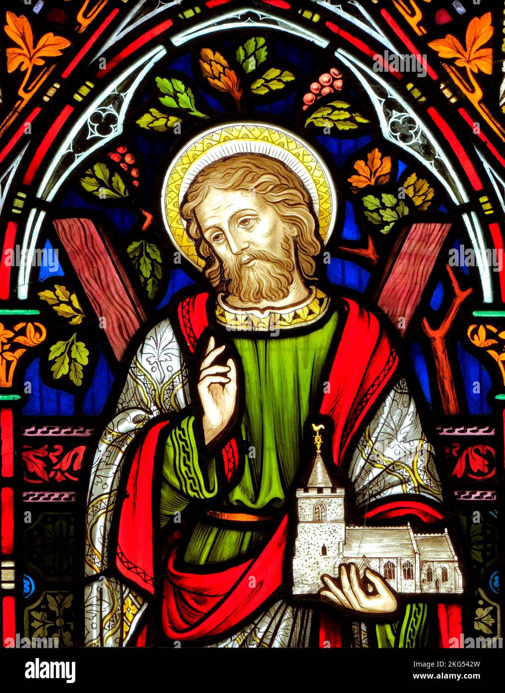 St. Andrew, holding model of church, stained glass window, by Frederick Preedy, 1863, Ringstead, Norfolk, England Stock Photo