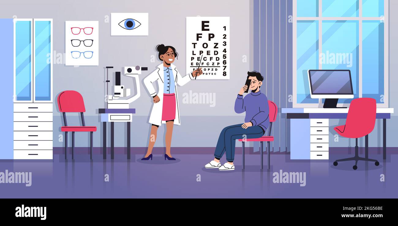 Optometrist examination. Doctor checks patient eyesight, glasses selection in optics, health care, table with letters, medical consultation in clinic Stock Vector