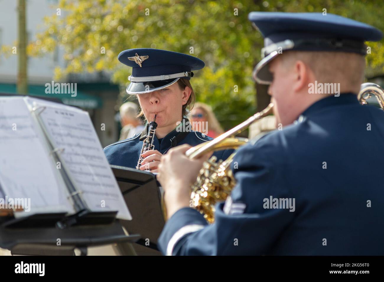 U.S. Air Force band member plays their instrument during the opening