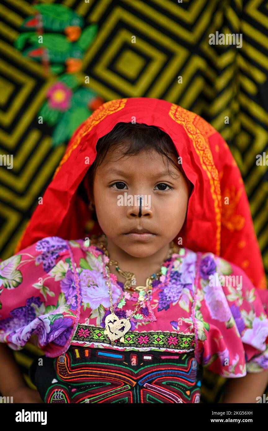 Portrait of an indigenous girl wearing the traditional molas. Stock Photo