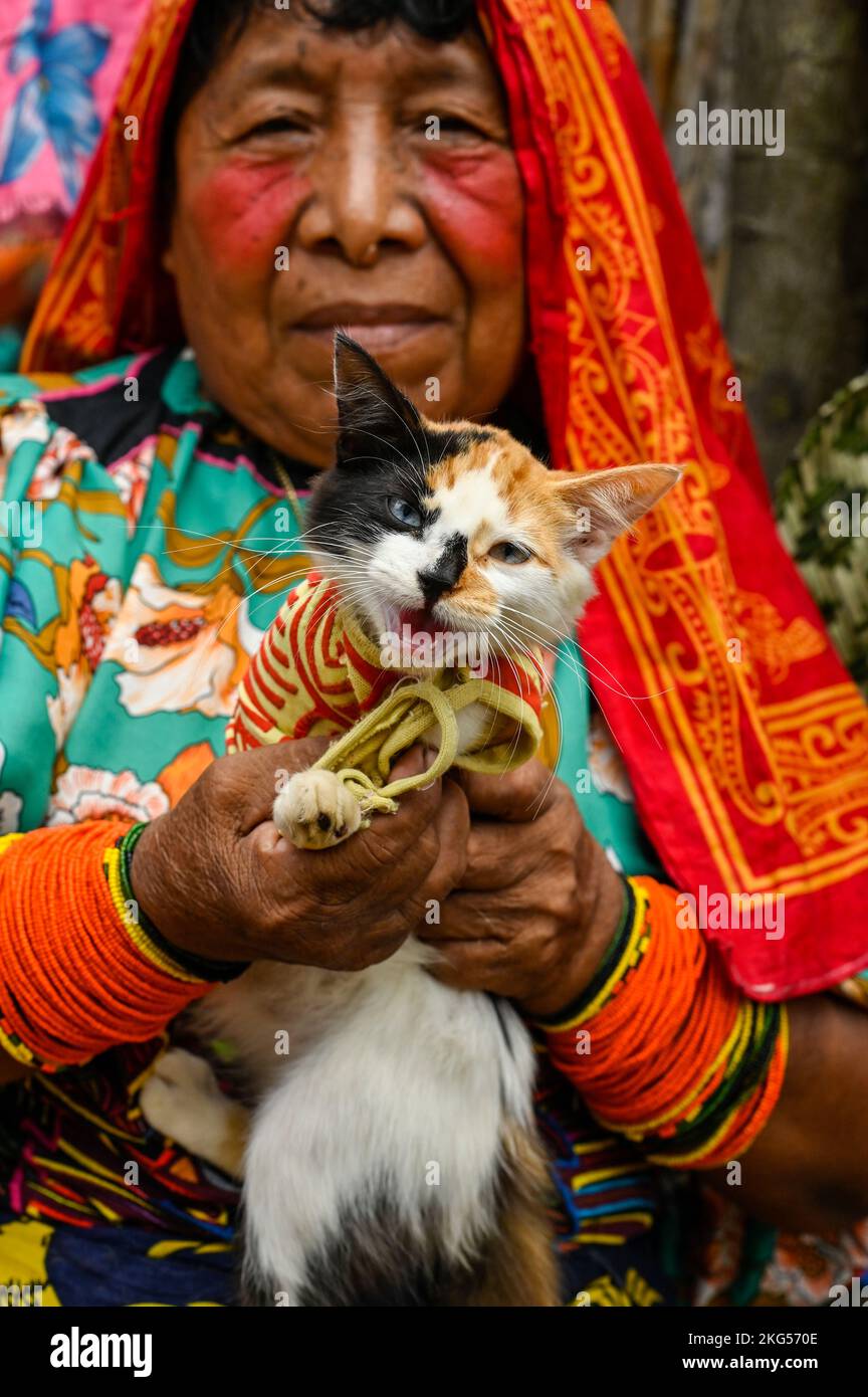Portrait of an indigenous holding a cat, wearing the traditional molas. Stock Photo