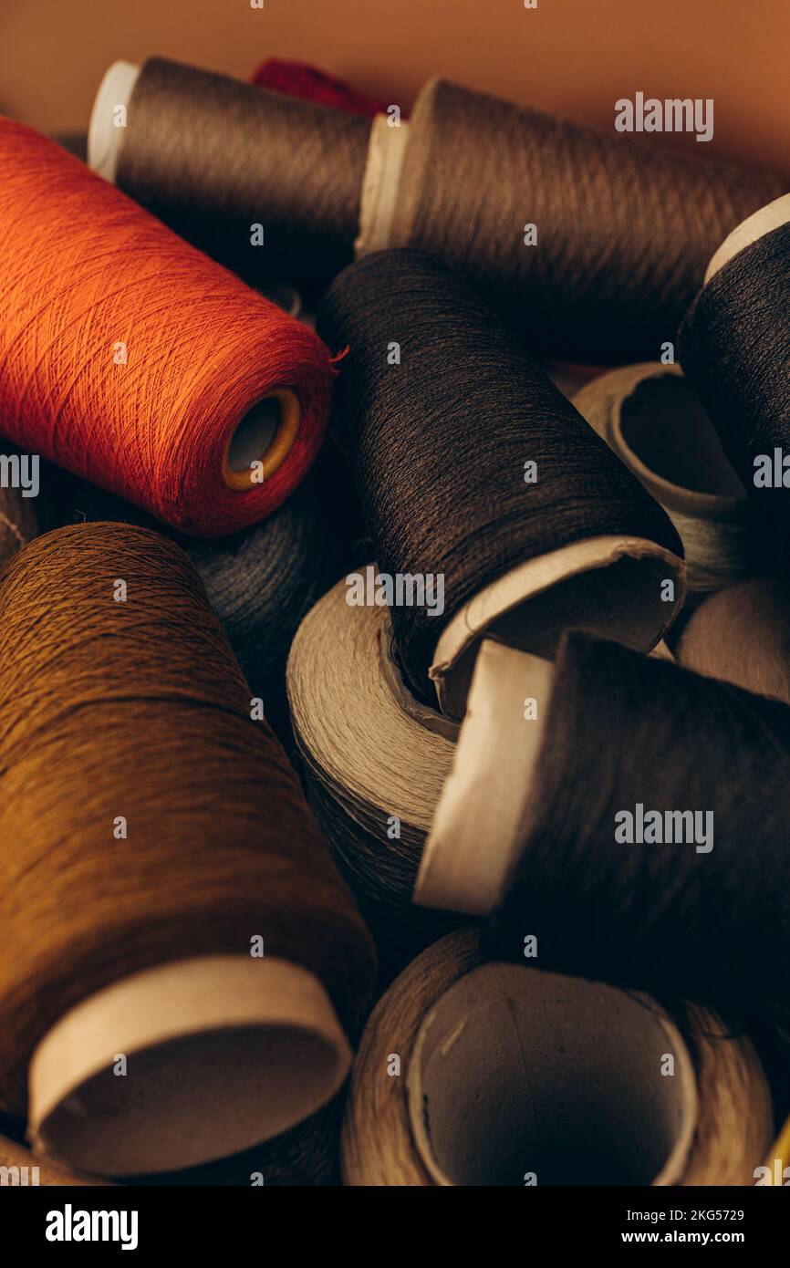 Composition of colorful vibrant wool threads from above. Autumn colours ...