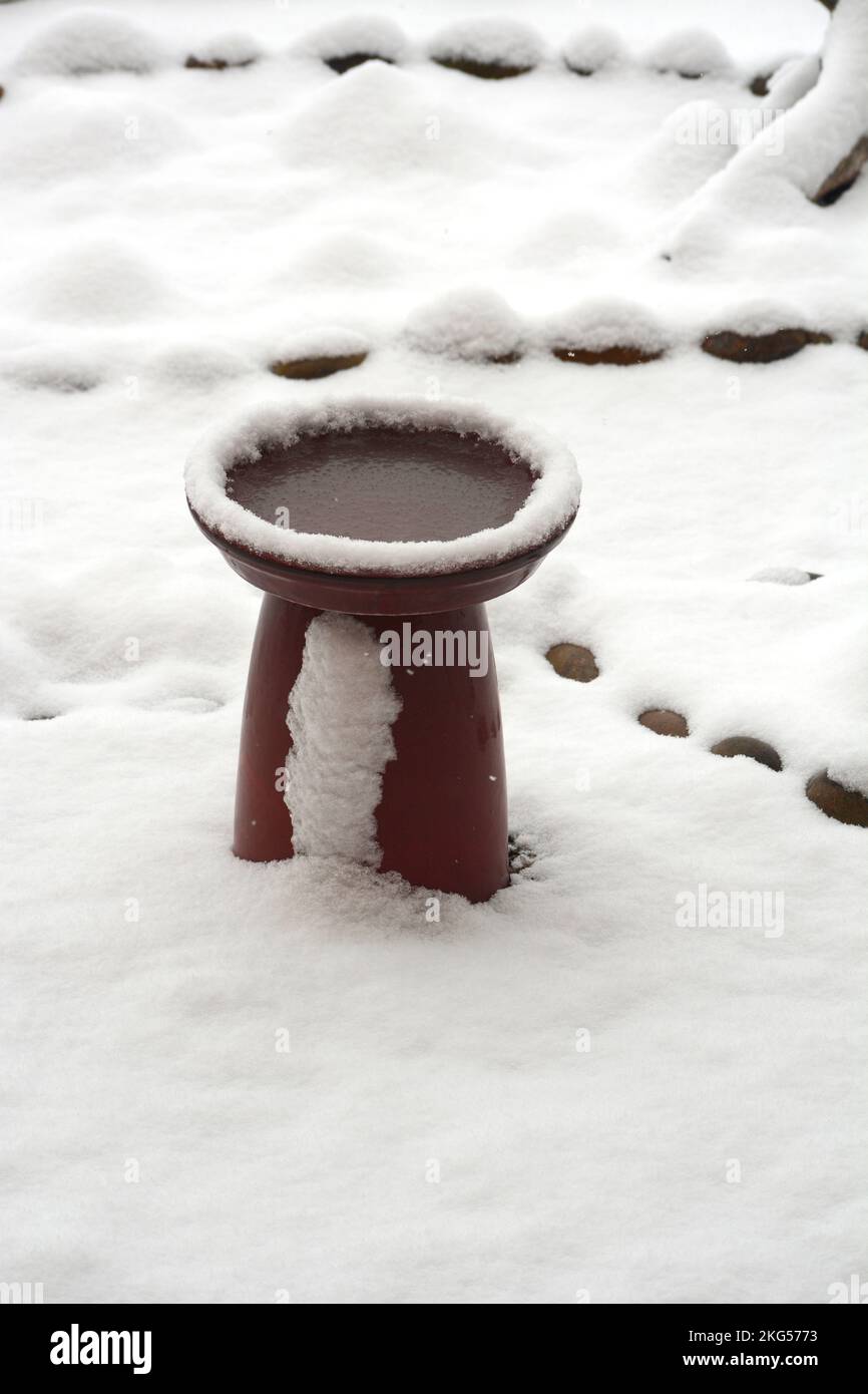 A backyard bird bath after a winter snowfall in Santa Fe, New Mexico