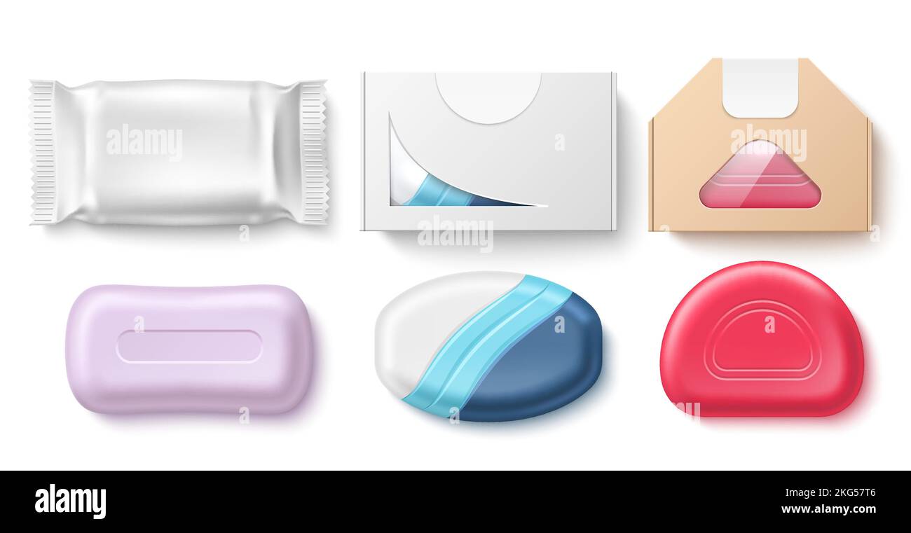 Soap package templates. Realistic washing bars in different boxes and