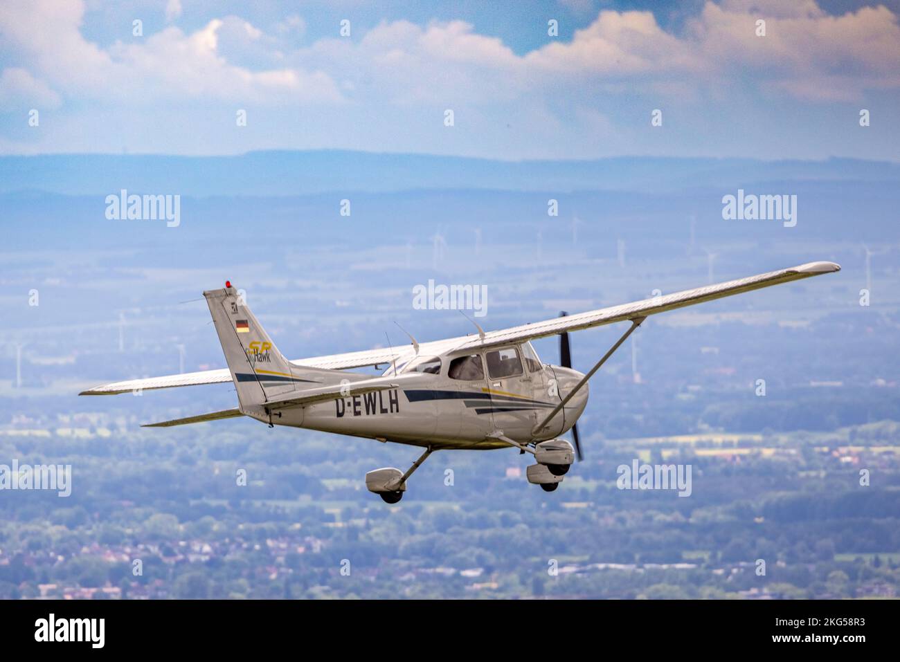 aerial photo air to air, Cessna 172S Skyhawk SP on a sightseeing flight over Hamm, general aviation, private aviation, Heessen, Hamm, Ruhr area, North Stock Photo