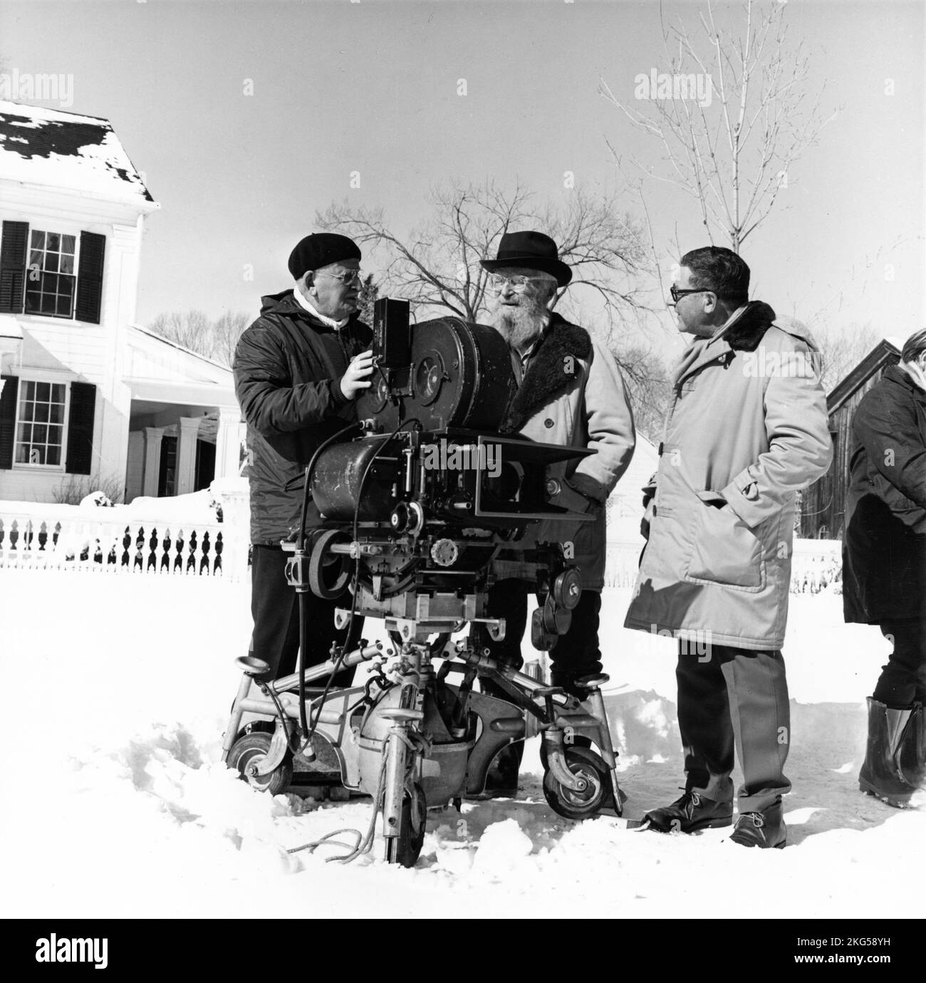 Cinematographer WILLIAM H. DANIELS Set Visitor legendary still photographer EDWARD STEICHEN and Director MARK ROBSON on set location candid at Redding, Connecticut during filming of VALLEY OF THE DOLLS 1967 director MARK ROBSON novel Jacqueline Susann Red Lion / Twentieth Century Fox Stock Photo