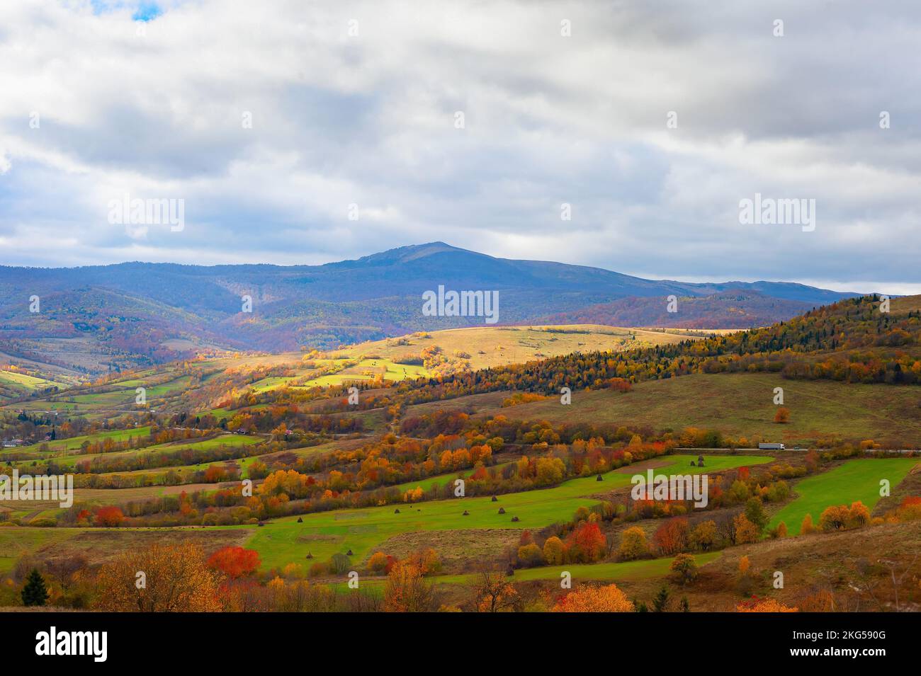 Autumn mountain landscape, colorfull fields and forest, fall, Carpathian mountains, Ukraine Stock Photo