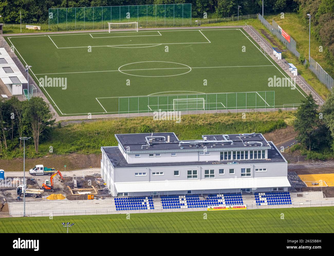 Aerial view, construction site and new construction sports field with stands and a club building with sports day care center, An der Lohschule, Rhyner Stock Photo