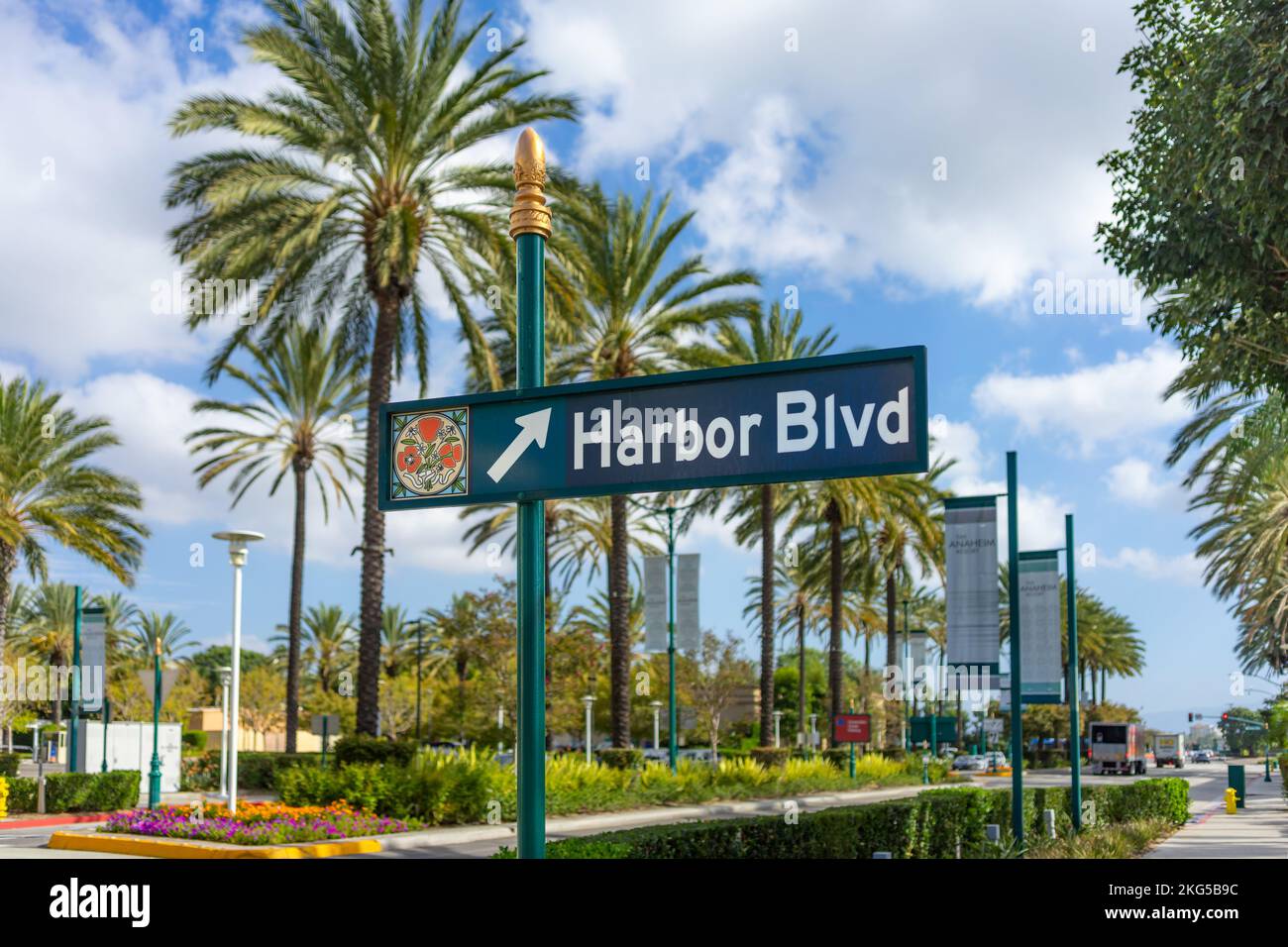 Anaheim, CA, USA November 1, 2022 A direction street sign for Harbor