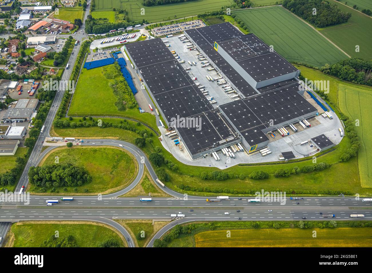 Aerial view, Edeka logistics center and freeway junction Hamm of the A2