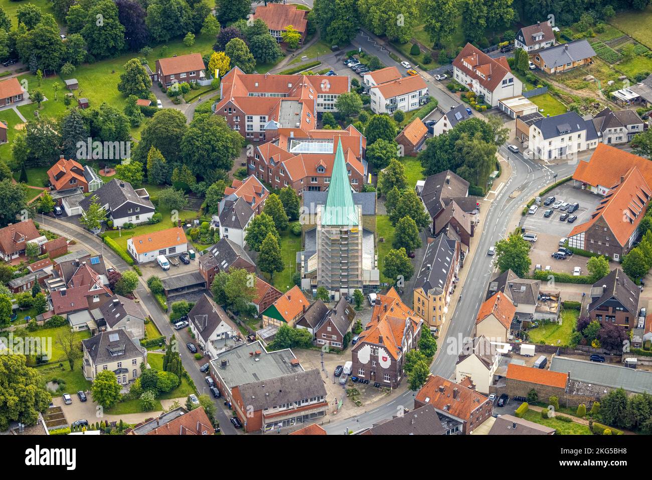 Aerial view, steeple renovation of the catholic church St. Regina, Rhynern, Hamm, Ruhr area, North Rhine-Westphalia, Germany, Worship site, Constructi Stock Photo