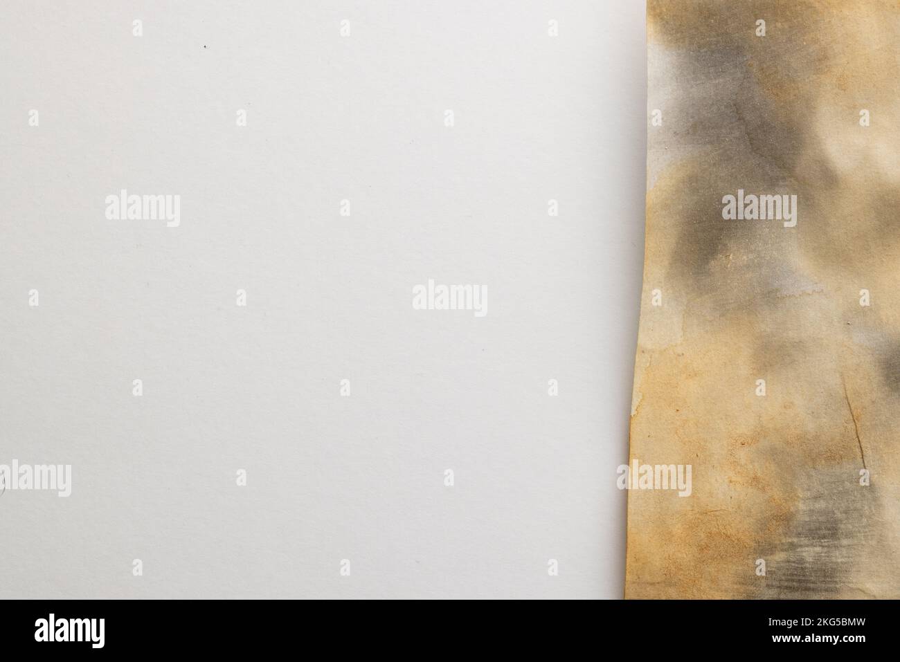 Burned and stained piece of paper with copy space on white background ...