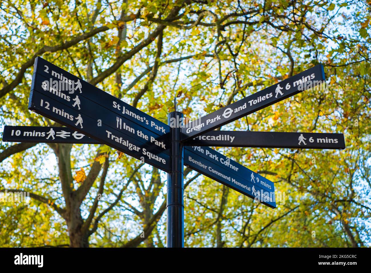 Guide arrows showing different popular directions and walking distances in London city tourist area. London sightseeing signpost. Stock Photo