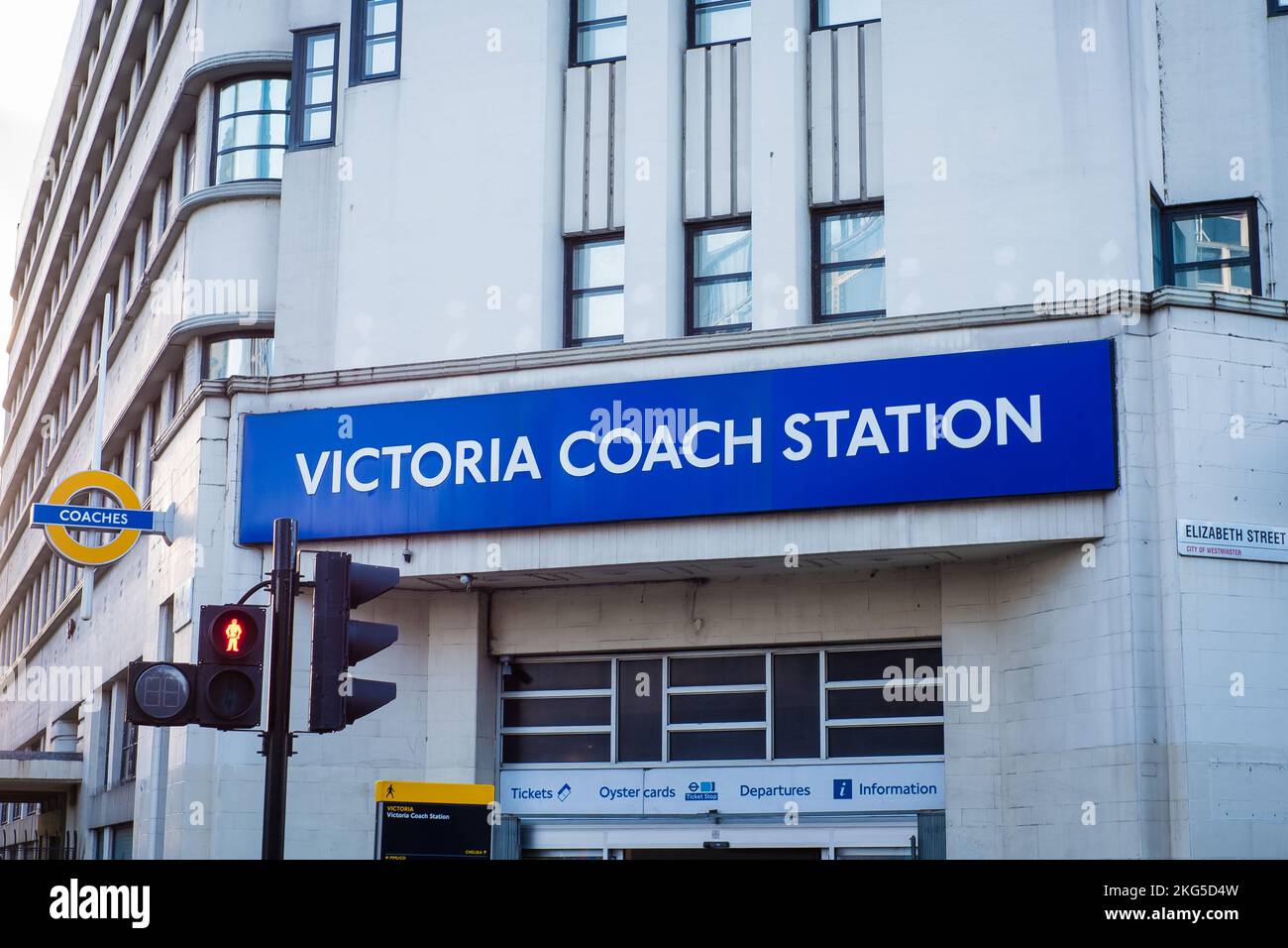London, UK - November 4, 2022: Victoria Coach station entrance in London. Victoria Coach Station is the largest coach station in London Stock Photo