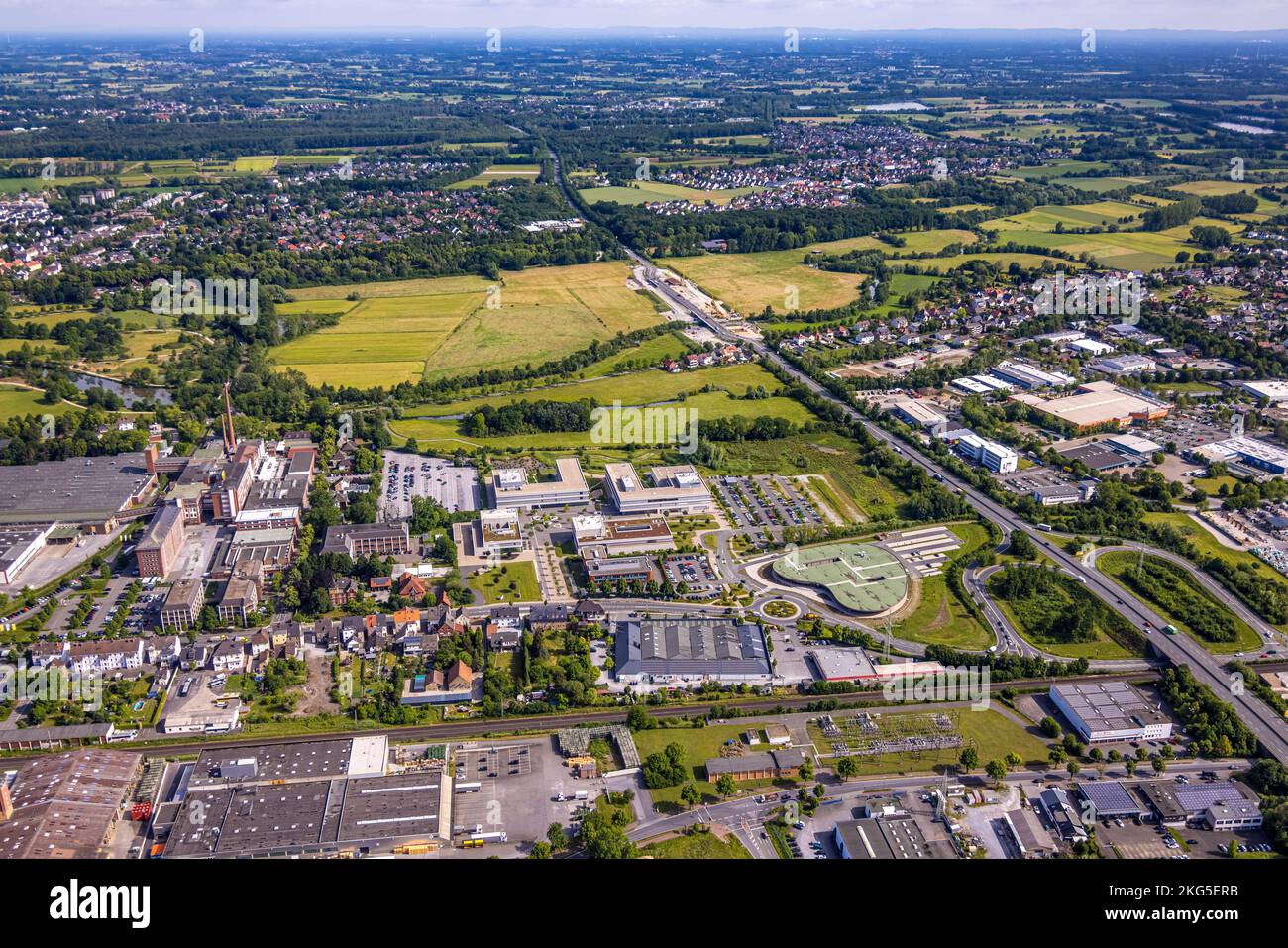 Aerial view, Hamm-Lippstadt University of Applied Sciences, HSHL, Lippstadt campus, drop-shaped building Innovation Quarter, Lippstadt, Soester Börde, Stock Photo