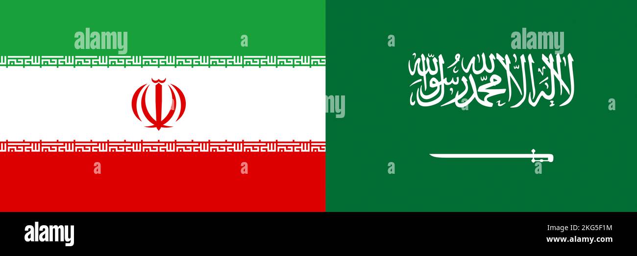 Defocus war between Iran and Saudi Arabia. National flag of iran and saudi arabia. Concept. Concept of a Conflict between Saudi Arabia and Iran with f Stock Photo