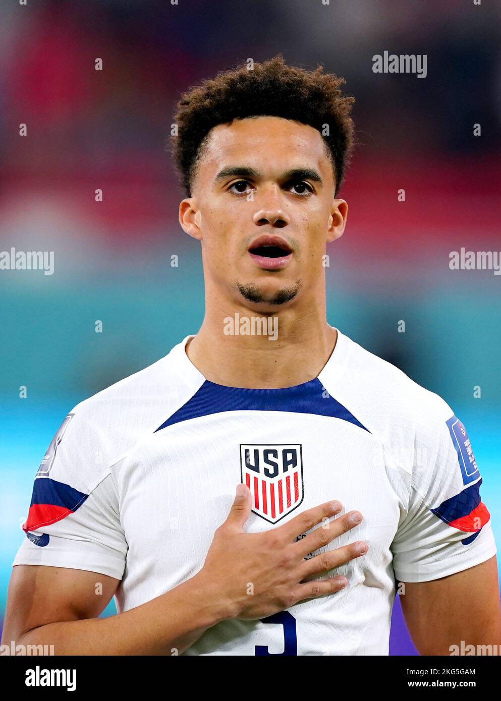 USA's Antonee Robinson during the national anthem ahead of the FIFA